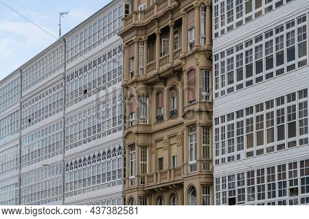 Typical Glazed Buildings Of The City Of A Coruna, In Galicia, Spain