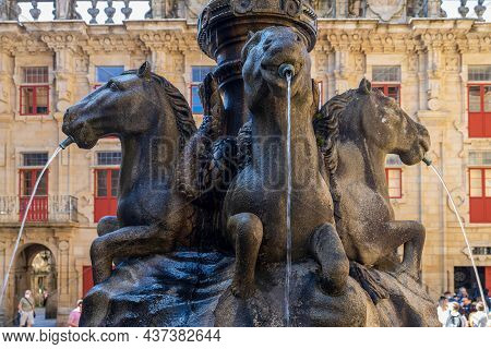 Fountain Of The Horses In The City Of Santiago De Compostela In Galicia, Spain.