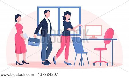 Jop Presentation Concept. Employee Shows Newcomers Office. Hr Talks About Working Conditions, Workpl
