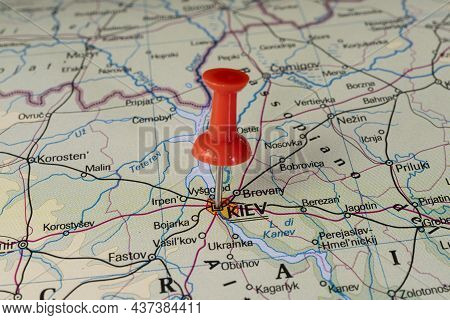 Kiev, Ukraine Pinned On Colorful Political Map. Geopolitical School Atlas.