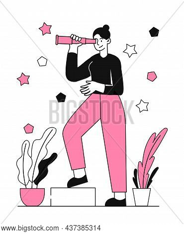 Searching For Somebody. Girl Stands With Binoculars In Her Hands. Woman Looking For Loved One. Chara