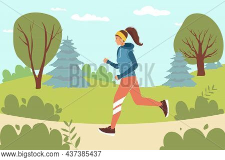 Girl Running In Park Illustration Healthy Lifestyle. Happy Woman. Sporty Characters For Training, Ca