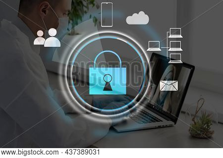 Digital Cybersecurity And Network Protection Concept. Virtual Locking Mechanism To Access Shared Res