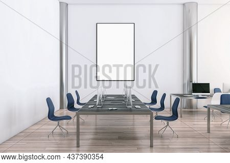 Modern Concrete Meeting Room Interior With Empty White Mock Up Poster, Wooden Flooring, Large Table,