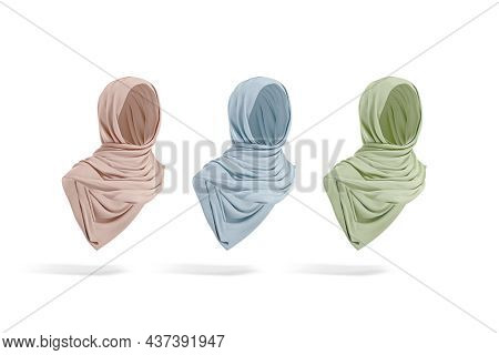 Blank Colored Woman Muslim Hijab Mockup, Half-turned View, 3d Rendering. Empty Pink, Blue And Green 