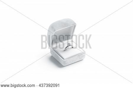 Blank White Box With Silver Diamond Ring Stand Mockup, Isolated, 3d Rendering. Empty Velvet Pack For