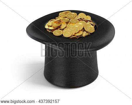 Cylinder black magic hat magic hat full of golden coins isolted on white background. 3d rendered magic hat illustration