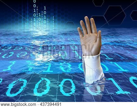 Man asking for help while drowning in a sea of digital data. 3D illustration.