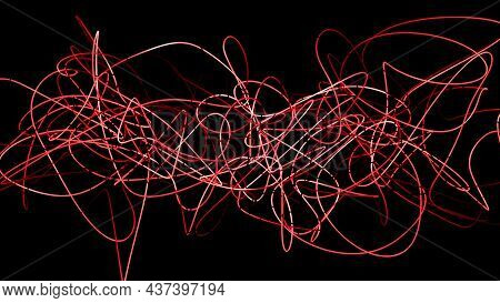 Tangled Line Moves On Black Background. Motion. Twisting Tangled Colored Line On Black Background. M