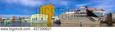 Groningen, Netherlands, March 17, 2017: Groningen Museum Area Overview Wide Angle Panorama On Sunny 