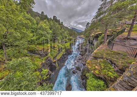 Slettafossen Waterfall Gorge In Overdalen, Norway, Europe