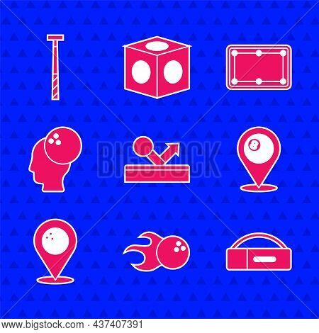 Set Billiard Ball, Bowling, Case For Billiard Cue, Location With, Bowling, Table And Icon. Vector