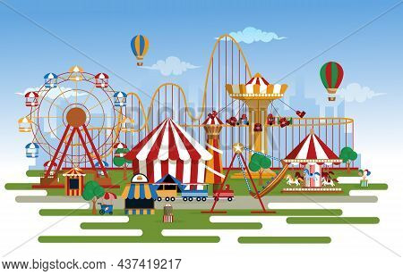 Amusement Park Rides Fun Fair Carnival Flat Vector Illustration