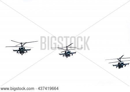 Moscow, Russia - May, 09, 2021: A Group Of Ka-52 Alligator Reconnaissance And Attack Helicopters In 