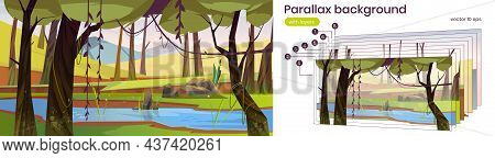 Summer Landscape With Forest, River And Mountains On Background. Vector Parallax Background For 2d A