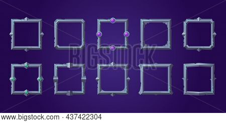 Set Of Square Ui Game Frames, Textured Medieval Jagged Metal Borders. Cartoon Empty Steel Metallic B