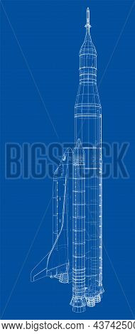Rocket Carrying Space Shuttle. Vector Rendering Of 3d. Wire-frame Style. Elements Of This Image Furn