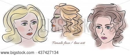 Set Beautiful Multicolor Womans Face With. Line Art Fashion Illustration On White Background. Brown,