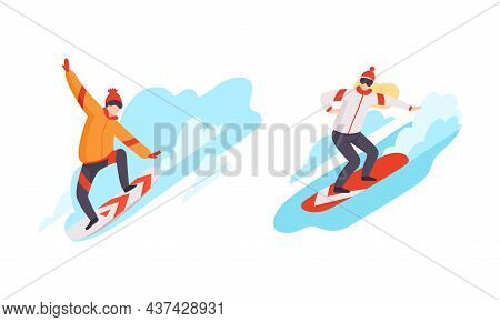 Man And Woman Character Engaged In Extreme Sport Snowboarding Vector Set