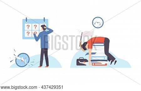 Man With Breaking Clock Dial Failing Handling Deadline And Timeline Vector Set