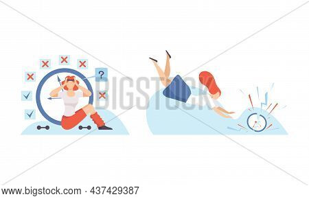 Woman With Breaking Clock Dial Failing Handling Deadline And Timeline Vector Set