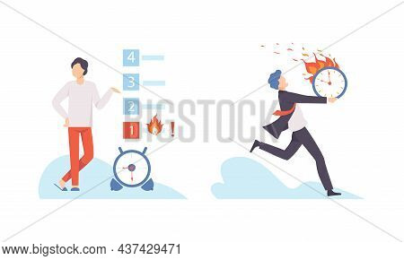Man With Burning Clock Dial Failing Handling Deadline And Timeline Vector Set