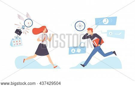 Man In Hurry And Woman Escaping From Clock Dial Failing Handling Deadline And Timeline Vector Set