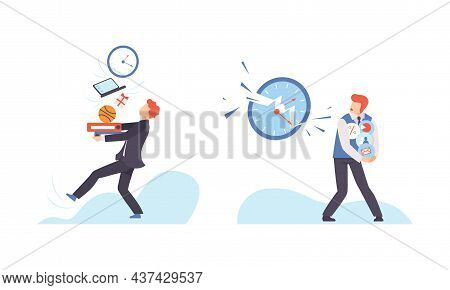 Man With Breaking Clock Dial Failing Handling Deadline And Timeline Vector Set