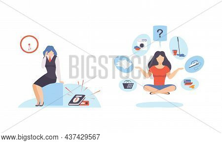 Woman With Clock Dial Feeling Headache Failing Handling Deadline And Timeline And Meditating Vector 
