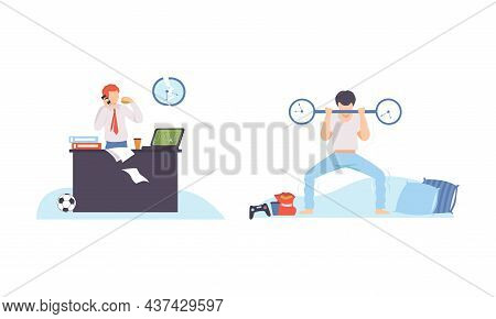 Man With Breaking Clock Dial Failing Handling Deadline And Timeline Vector Set