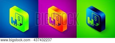 Isometric Waybill Icon Isolated On Blue, Purple And Green Background. Square Button. Vector