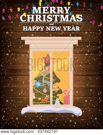 Chrismas Window, Night, Decoraions Garland Retro, Living Room Christmas Tree. Xmas And New Year Holi