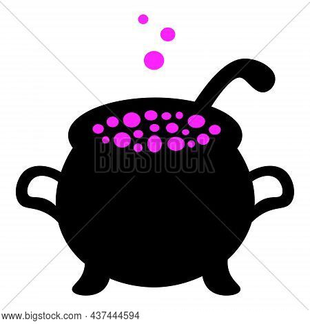 Cauldron Of Boiling Potion. Silhouette. Bubbles Of Pink Color Fly Upwards. Vector Illustration. Isol
