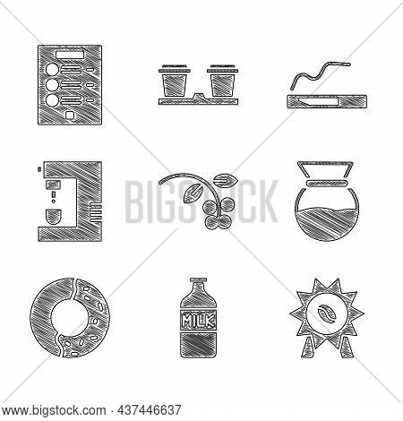 Set Coffee Bean, Branch, Bottle With Milk, Medal For Coffee, Pour Over Maker, Donut Sweet Glaze, Mac