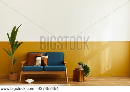 Unique Living Room In Modern Style Interior With Design Sofa, Elegant Gold Coffee Table, Mock Up Pos