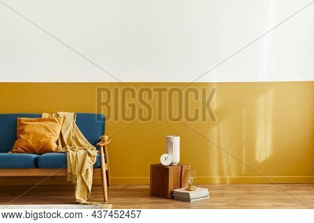 Unique Living Room In Modern Style Interior With Design Sofa, Elegant Gold Coffee Table, Mock Up Pos