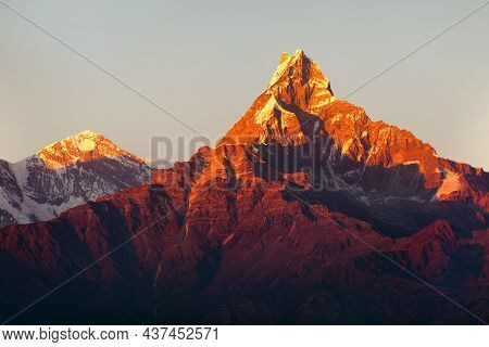 Red Colored Sunset View Of Mount Machhapuchhare, Annapurna Area, Nepal Himalayas