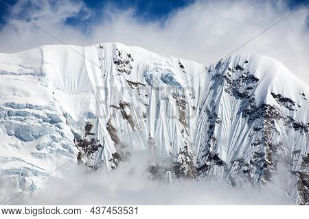 View From Nepal Himalayas Mountains, White Snowy Rock Face Near Mount Makalu, Barun Valley