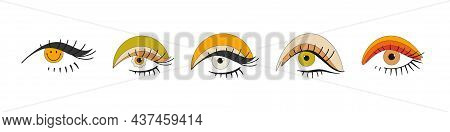 A Set Of Eyes With Bright Makeup In The Style Of The 70s. Retro Eyes. Hippie Style. Vector Illustrat