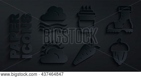 Set Carrot, Waterproof Rubber Boot, Sun And Cloud Weather, Acorn, Coffee Cup To Go And Windy Icon. V