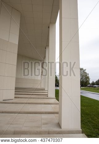 Russia, Vereya, , September 2021. Zoya Kosmodemyanskaya Museum. Building With Columns Under A Cloudy