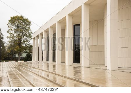 Russia, Vereya, , September 2021. Zoya Kosmodemyanskaya Museum. Building With Columns Under A Cloudy