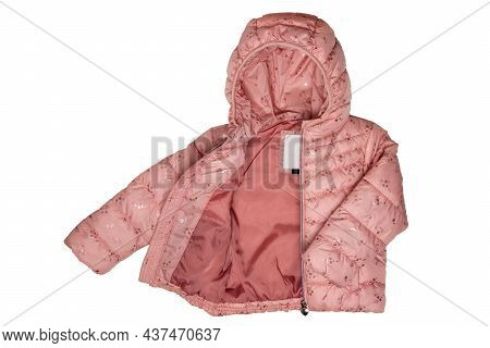 Childrens Winter Jacket. Stylish Pink Warm Winter Down Jacket For Kids Isolated On A White Backgroun