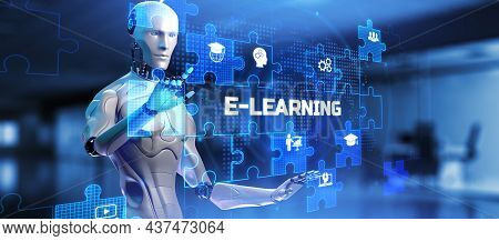 E-learning Edtech Education Technology Concept. Robot Pressing Button On Screen 3d Render