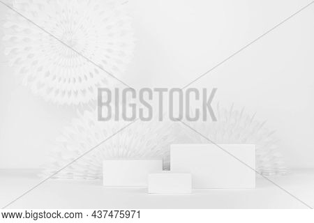 Delicate Soft Light White Abstract Scene With Set Of Different Size  Rectangle Podiums Template For 