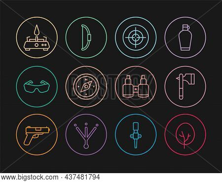 Set Line Tree, Wooden Axe, Target Sport, Compass, Glasses, Camping Gas Stove, Binoculars And Bow Ico