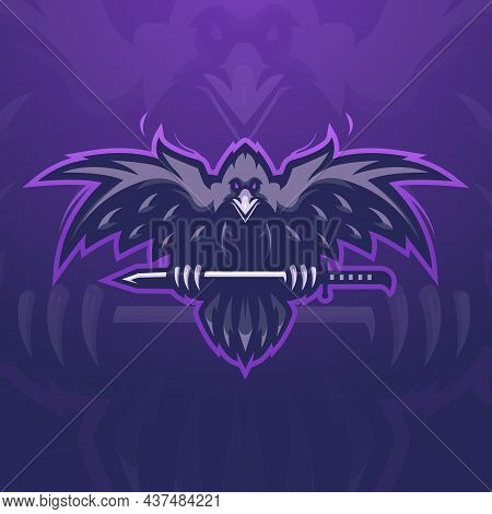 Crow Carry A Sword Gaming Mascot Logo Design Illustration Vector