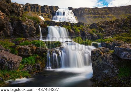 Dynjandi Waterfall, Also Known As Fjallfoss, Located On The Westfjords Peninsula In Northwestern Ice