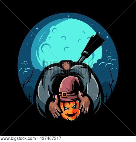 Scary Halloween, Severed Pumpkin Head Carrying A Broom In The Back With A Moon Background.  Illustra