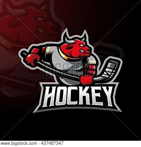 Bull Hockey Athletic Club Vector Logo Concept Isolated On Dark Background